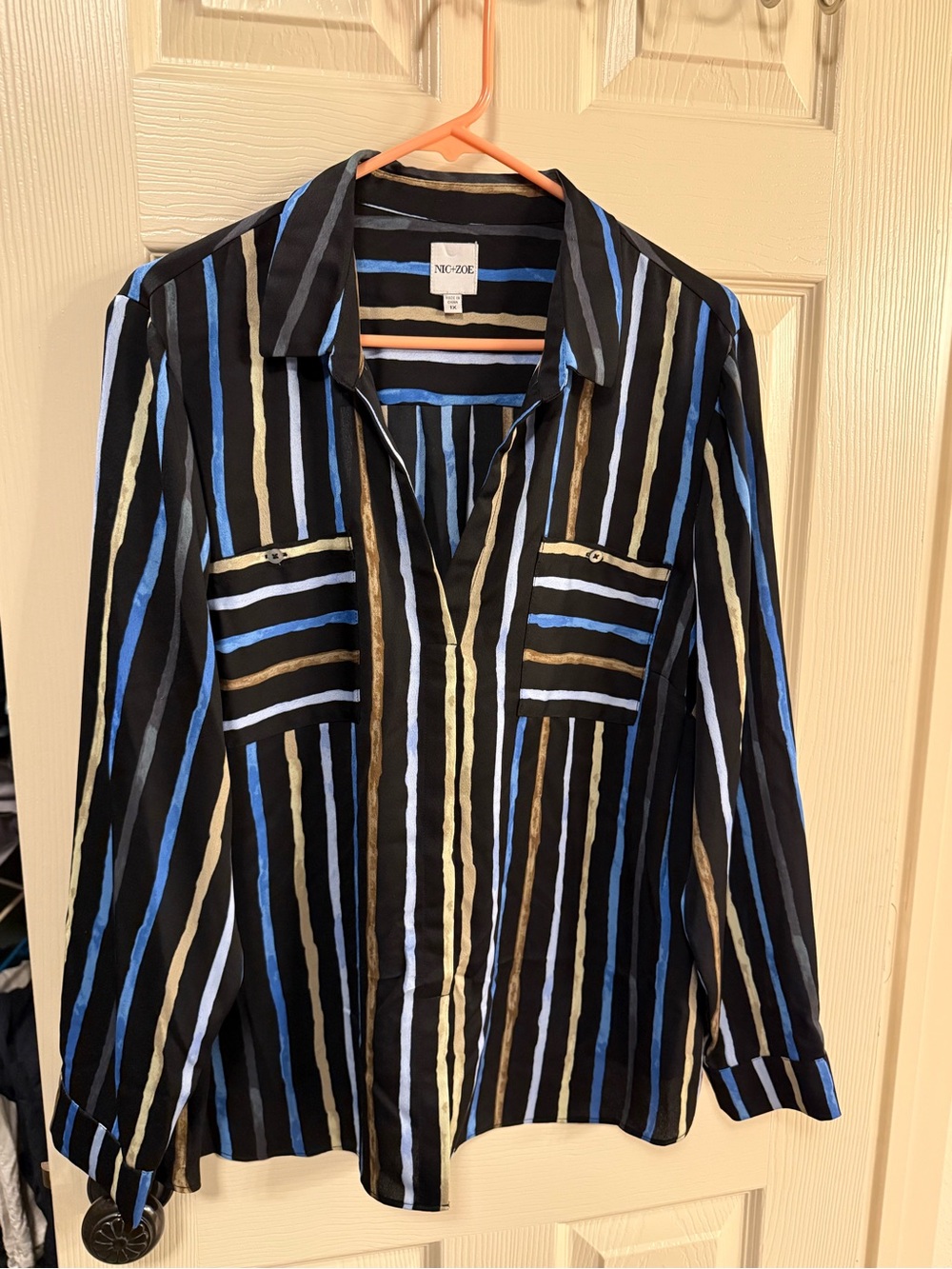 NIC+ZOE Black Button-Down Shirt with Blue and Cream Stripes